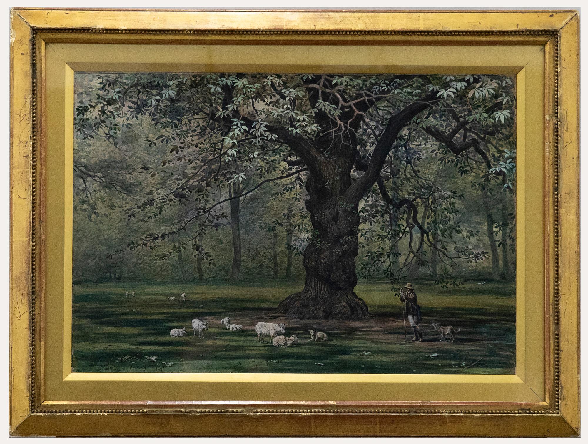 Unknown Landscape Art – Conway Lloyd Jones (1846-1897) - 1881 Aquarell, Hirte und Uhr, Shepherd & Uhr