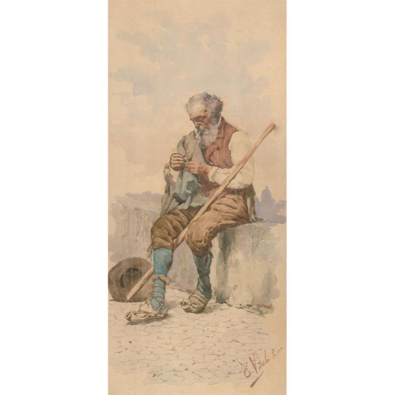 Unknown Portrait - Edouardo Vitali - Late 19th Century Watercolour, Old Man with a Pipe