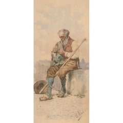 Edouardo Vitali – Aquarell des späten 19. Jahrhunderts, alter Mann mit Pfeifen