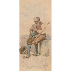 Edouardo Vitali - Acuarela de finales del siglo XIX, Viejo con pipa