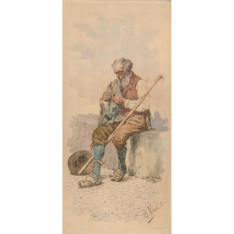 Edouardo Vitali - Late 19th Century Watercolour, Old Man with a Pipe - Art by Unknown