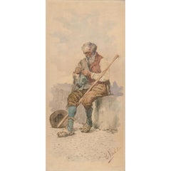 Edouardo Vitali - Aquarelle de la fin du XIXe siècle, Vieil homme à la pipe