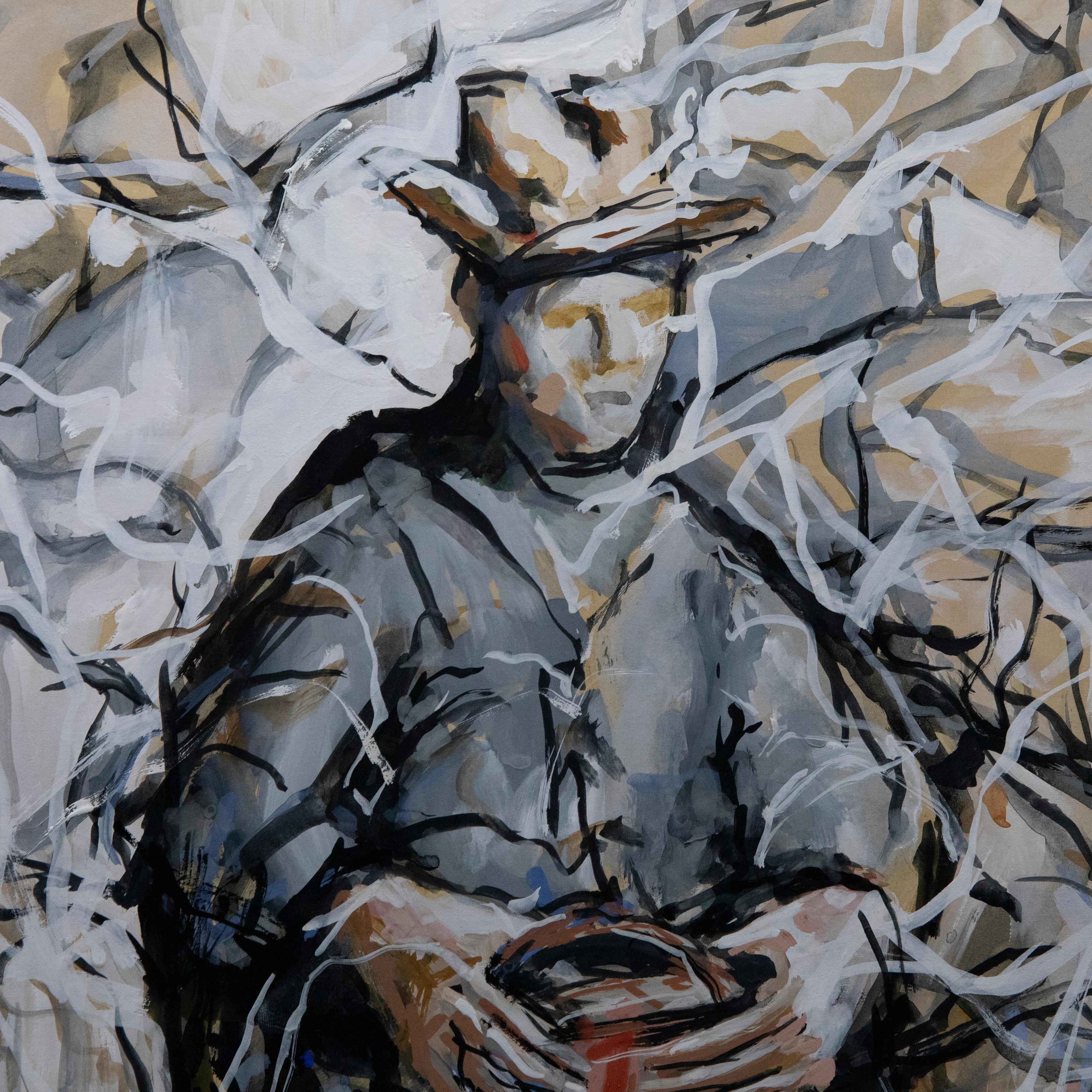 An expressive gouache study depicting a man in a wheelchair clutching a box in his lap. The man is encased by winding tree branches that wind through the composition. The artist uses loose, gestural brushwork to capture the man and his surroundings,
