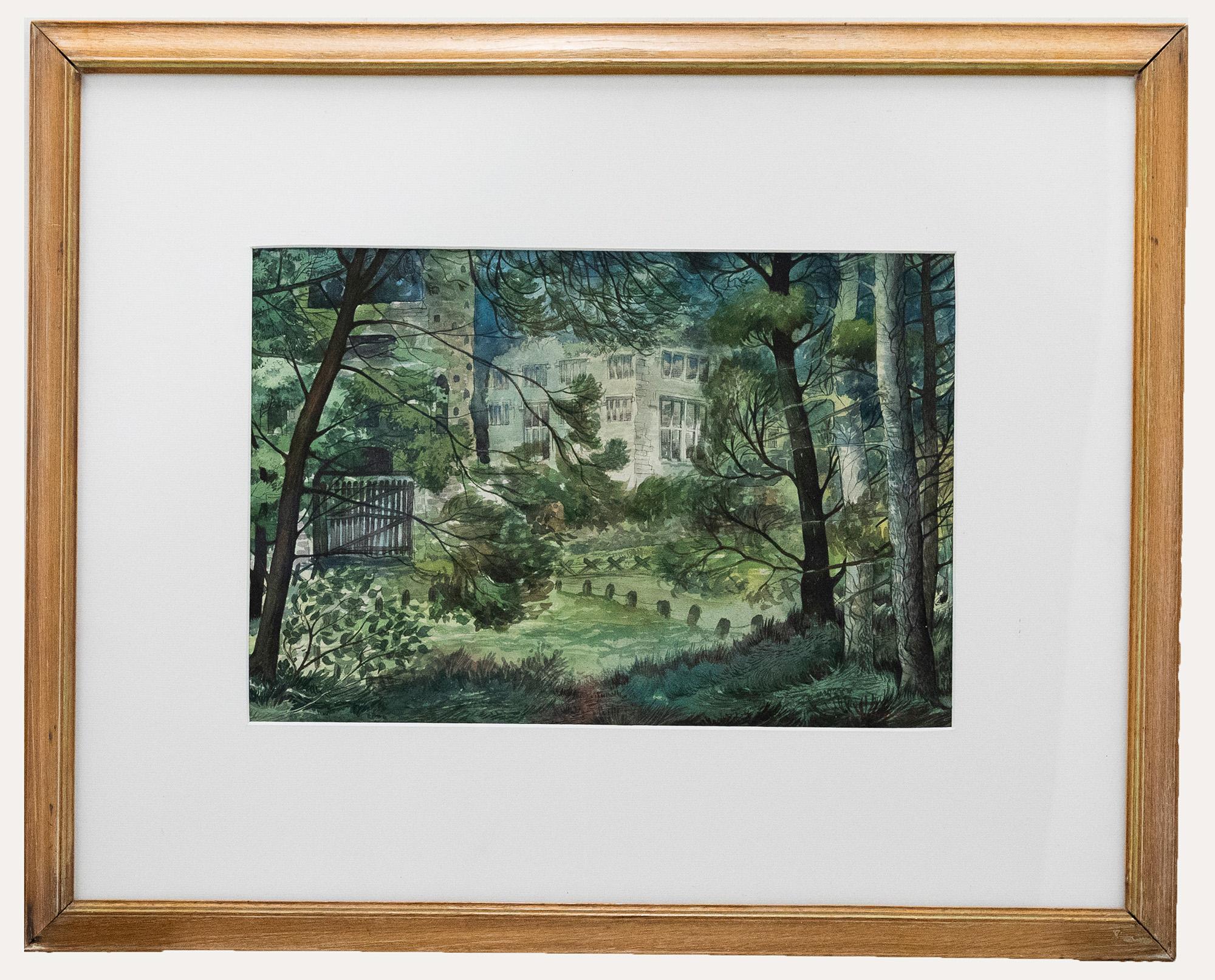 Unknown Landscape Art – Douglas Sutton - Gerahmtes Aquarell aus der Mitte des 20. Jahrhunderts, Berry Pomeray Castle