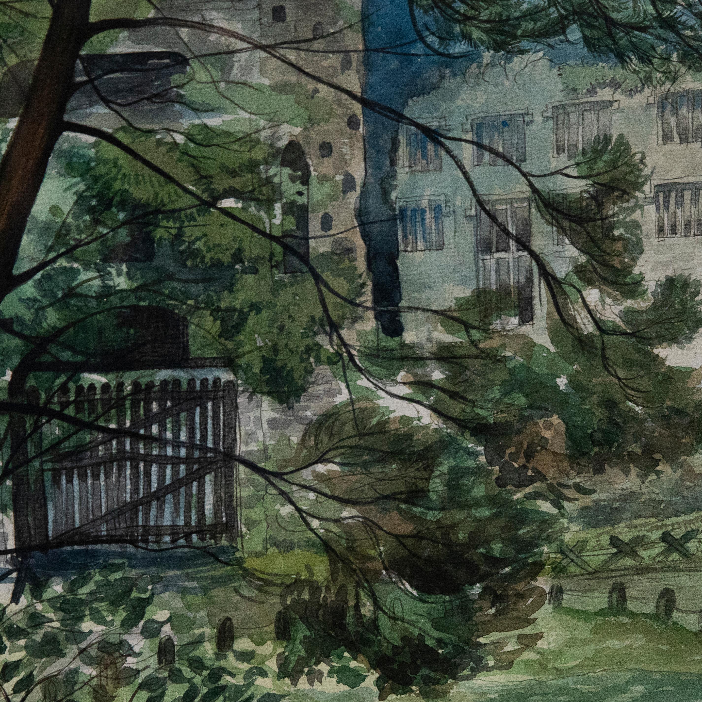 Douglas Sutton - Gerahmtes Aquarell aus der Mitte des 20. Jahrhunderts, Berry Pomeray Castle im Angebot 1