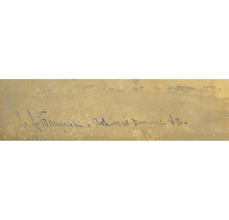 A finely detailed late 19th century watercolour with body color by Emil Axel Krause (1871-1945), depicting a ship and small vessel ashore on a long wide beach, with an island in the distance. Signed by the artist, and inscribed illegibly with a