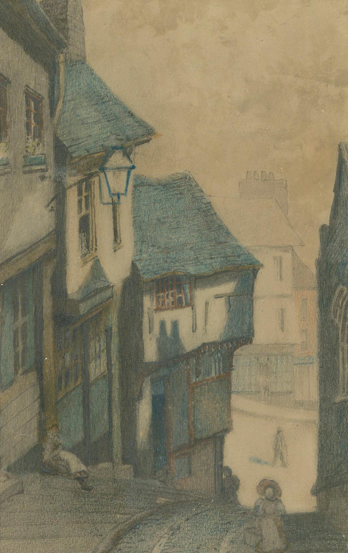 Ernest Parkman (1856-1921) - Dibujo a lápiz de color, Stepcote Hill, Exeter - Art de Unknown