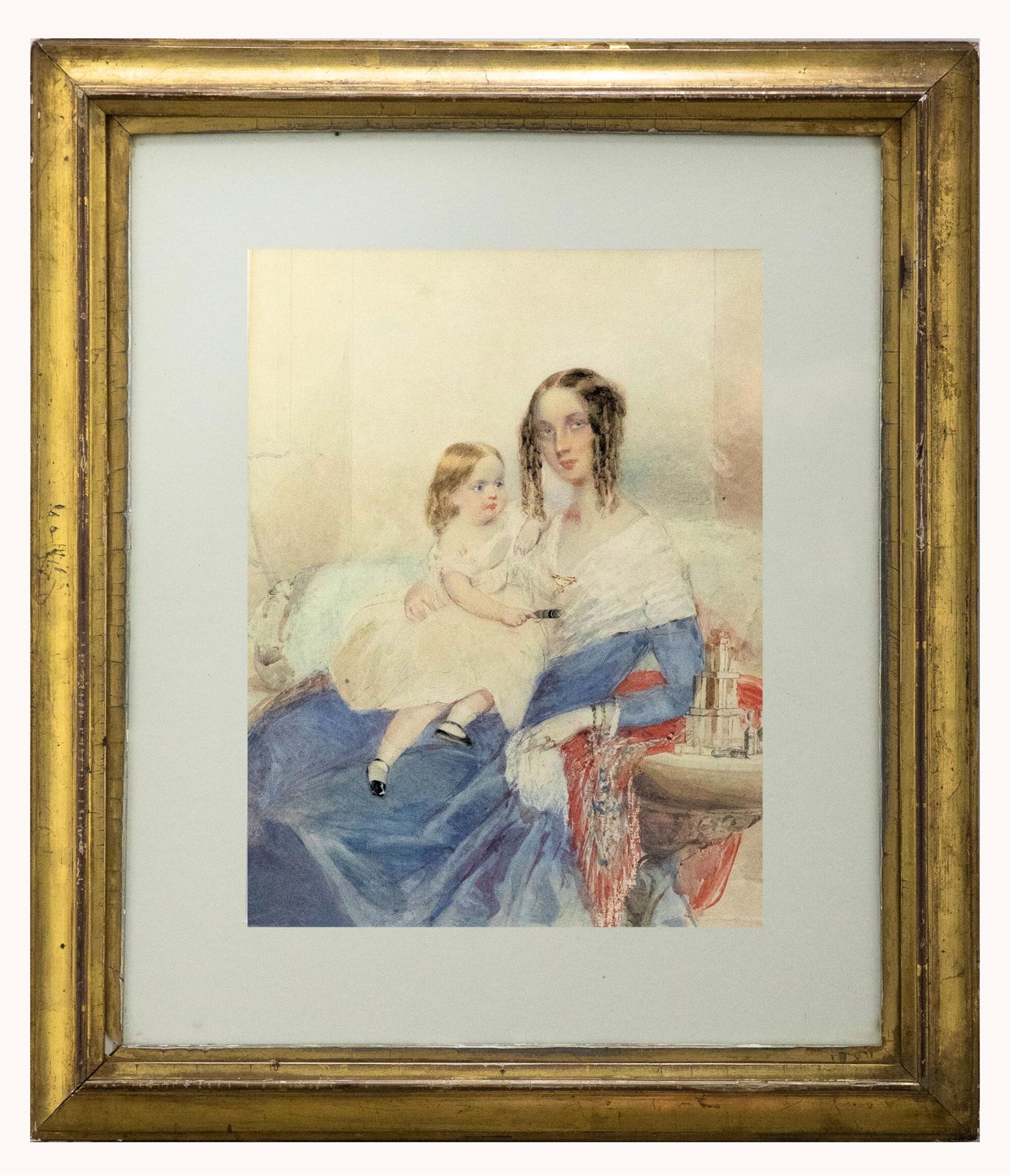 Unknown Portrait – Kreis von George Chinnery – Aquarell, Mutter und Kind, frühes 19. Jahrhundert