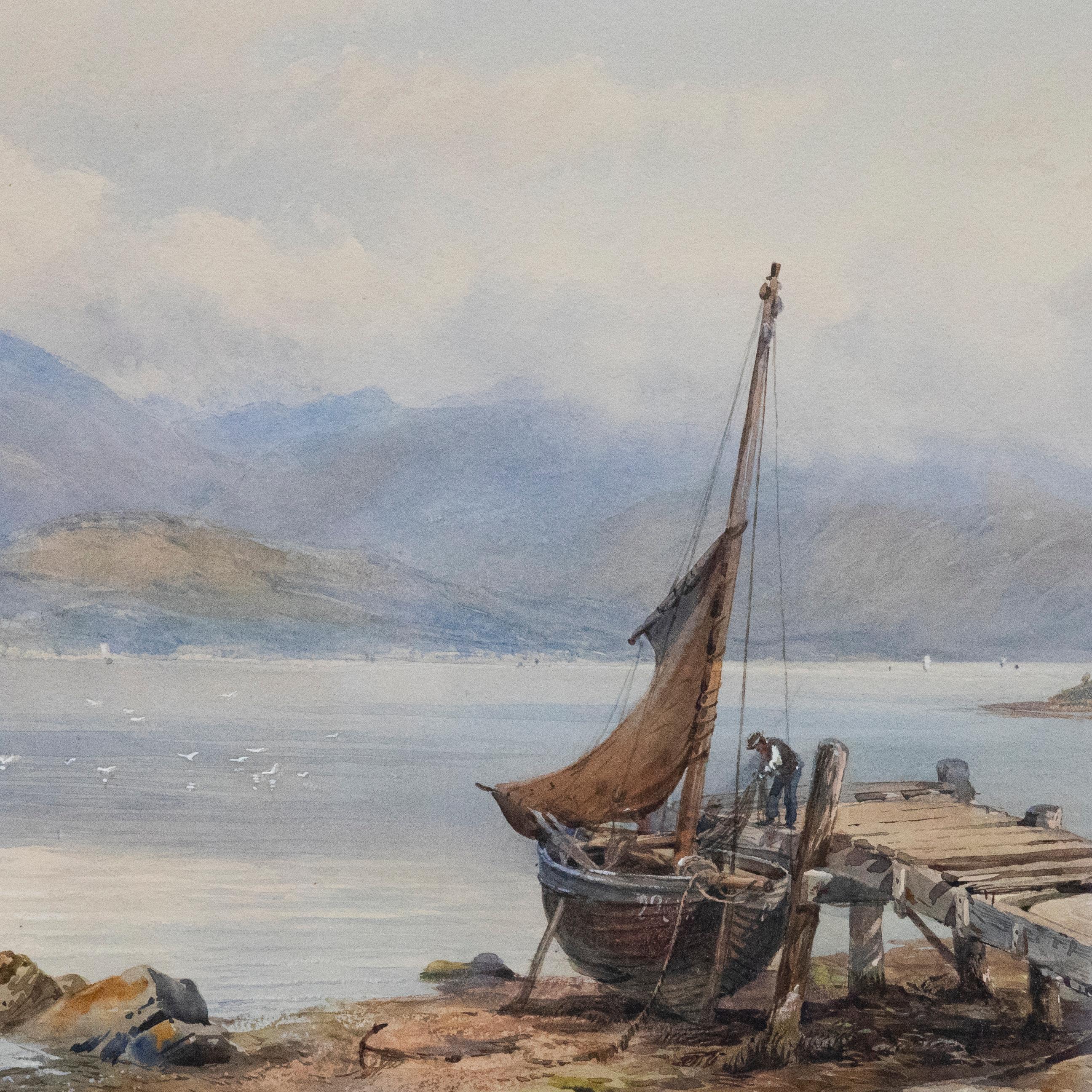 A captivating watercolour painting by Nathaniel Everett Green (1823-1899), depicting boats in an estuary at low tide. The artist has signed the scene to the lower left, and the watercolour has been well-presented in a large gilt frame with delicate