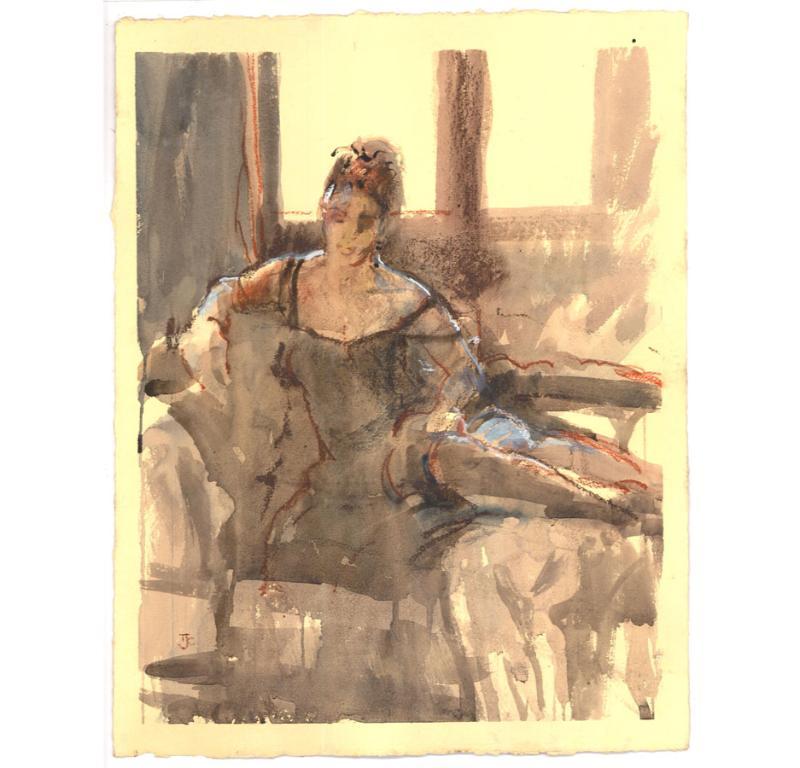 A dynamic watercolour and pastel study of a female figure, posed on a chaise longue in the artist's studio. Signed with monogram to the lower left. On watercolour paper. 