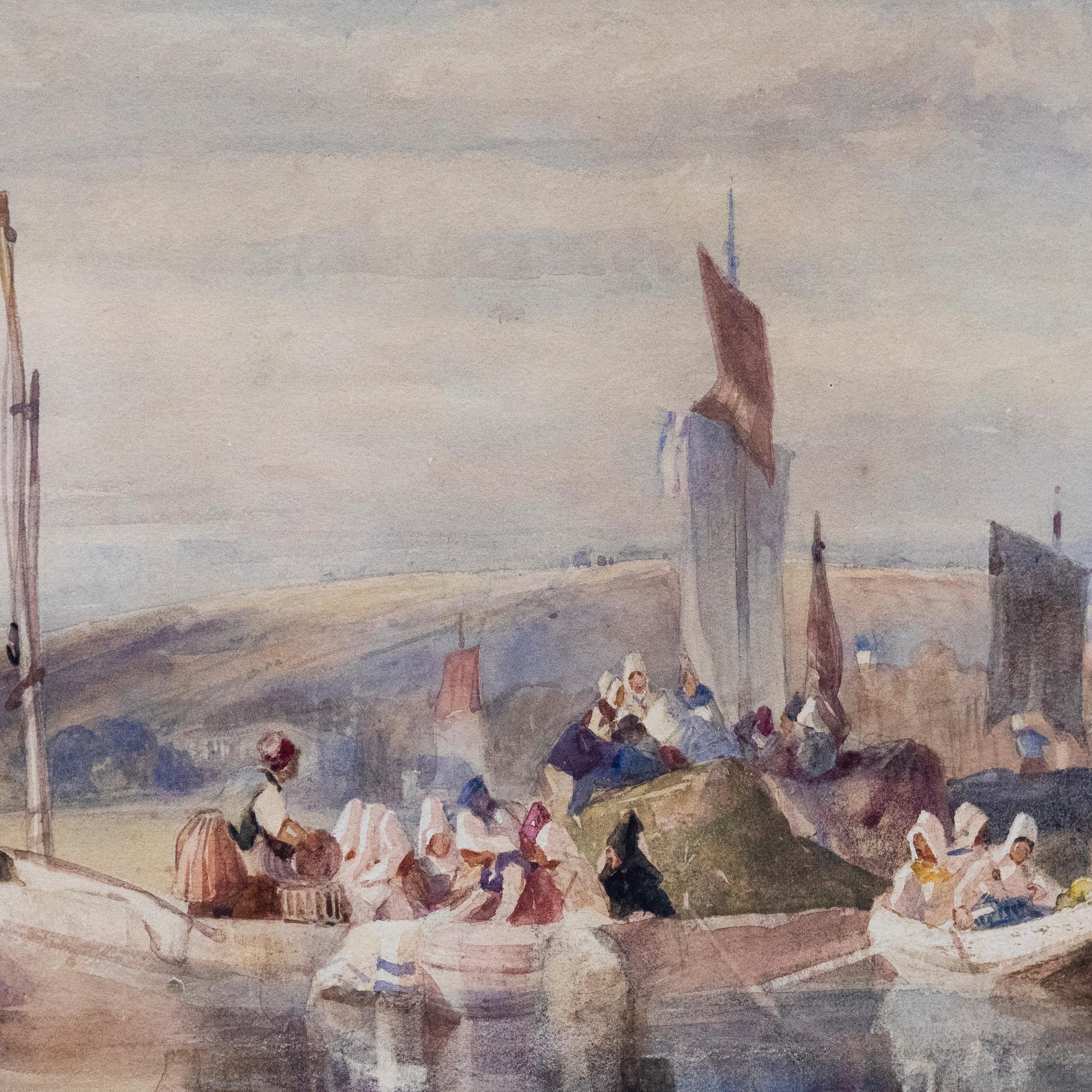 Dutch School 19th Century Watercolour - Morning at the Dock For Sale 1