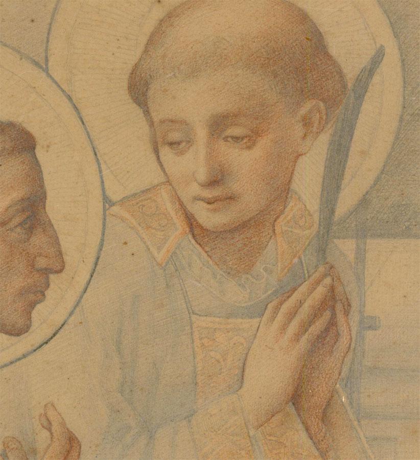 A fine sanguine and graphite study of two saints, possibly copied from an earlier work by a 15th-century renaissance master. The delicate drawing has been beautifully presented in an antique reeded frame with a new card mount. Unsigned. On paper. 