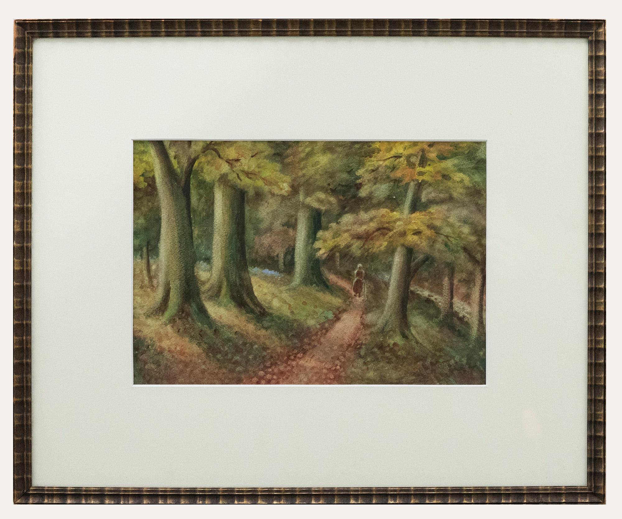 Unknown Landscape Art – Gerahmtes Aquarell aus dem frühen 20. Jahrhundert - Walking in the Woods