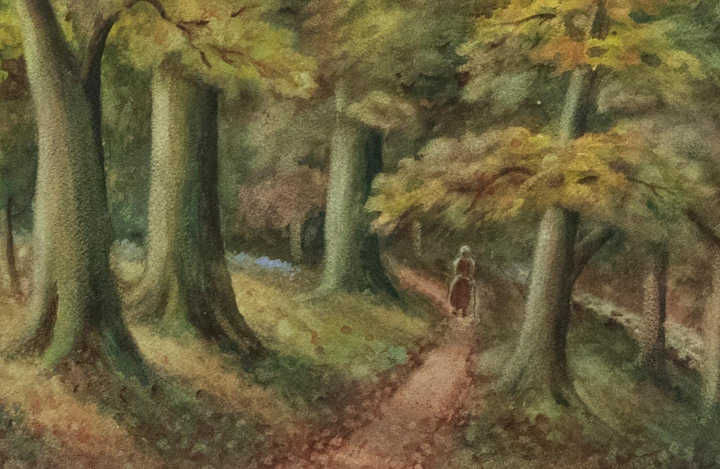 Gerahmtes Aquarell aus dem frühen 20. Jahrhundert - Walking in the Woods – Art von Unknown