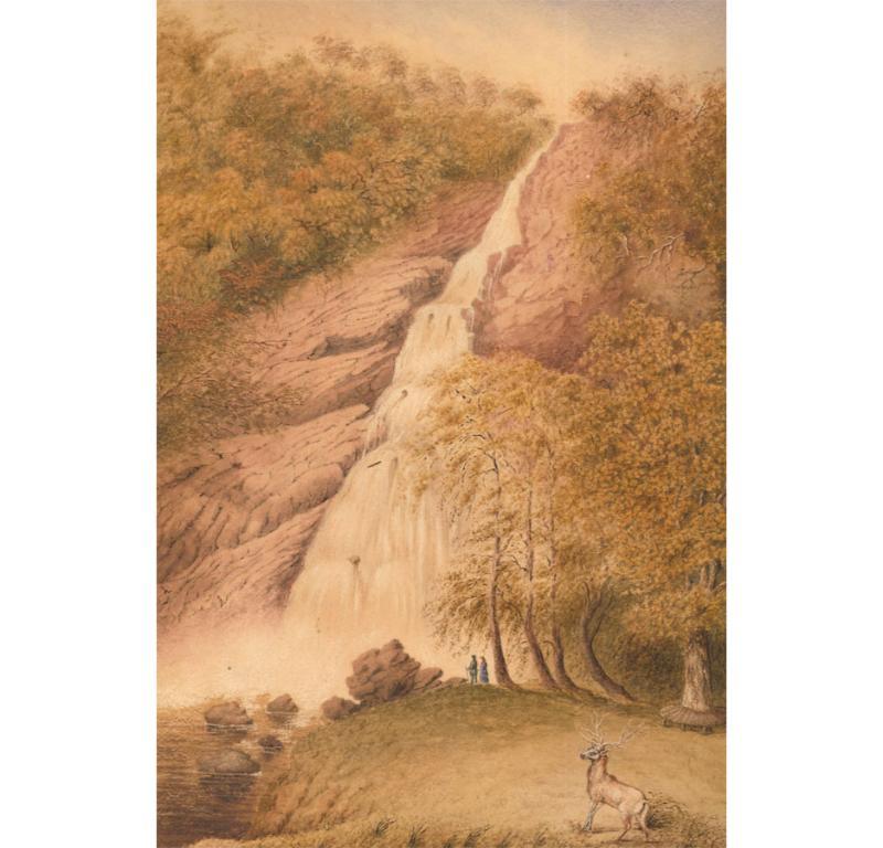 Unknown Landscape Art – Aquarell aus dem 19. Jahrhundert - Bergwasserfall mit Hirsch