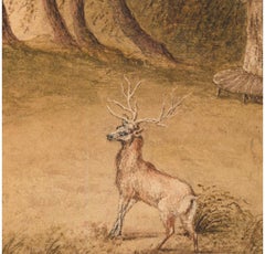 19th Century Watercolour - Mountain Waterfall with a Stag