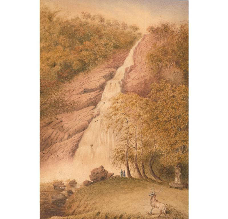 A charming 19th century landscape study depicting two figures admiring a waterfall. The the foreground a handsome stage watches over the scene. Unsigned. On paper.