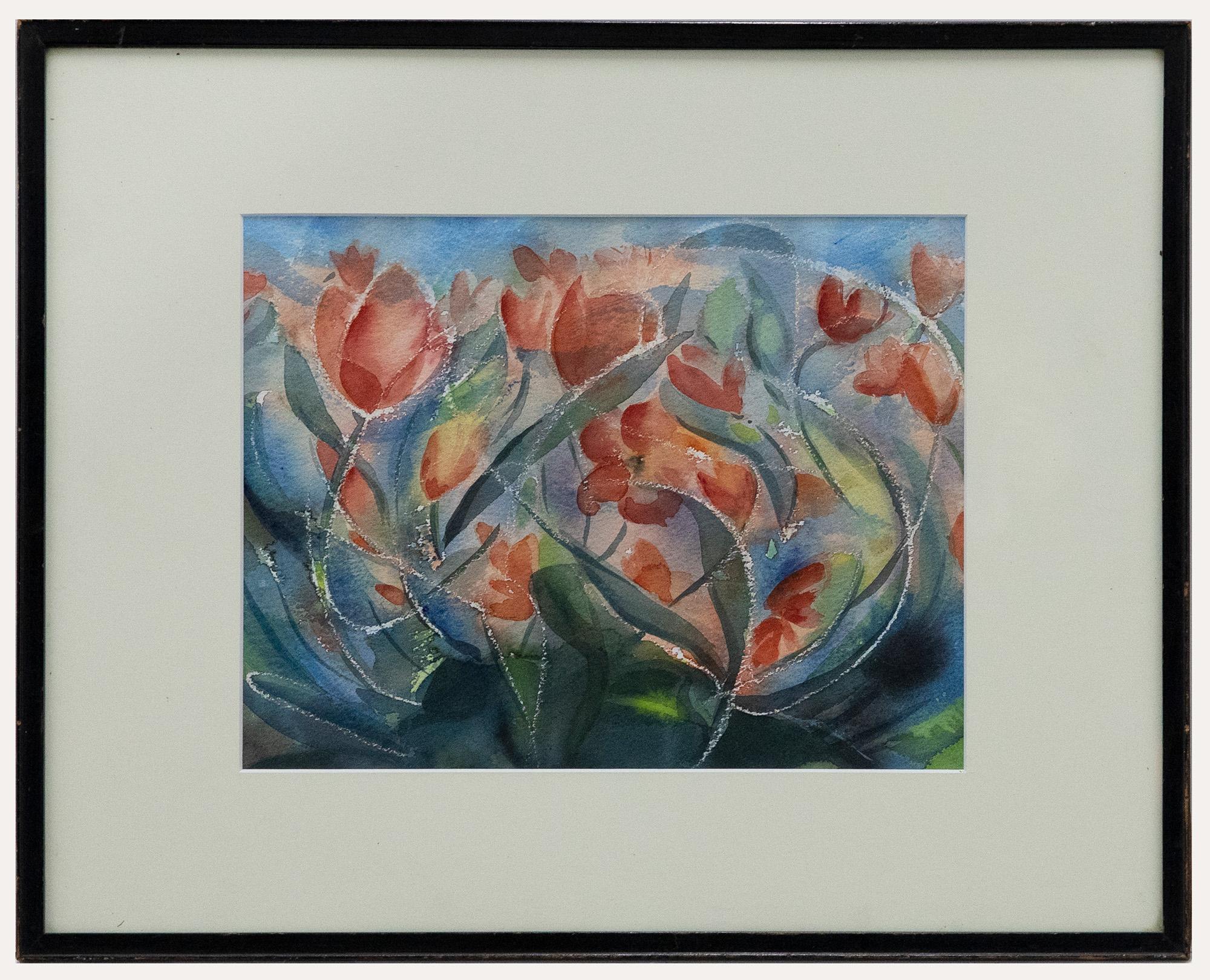 Unknown Still-Life – Gerahmtes Contemporary Aquarell - Vom Winde verwehte Tulpen