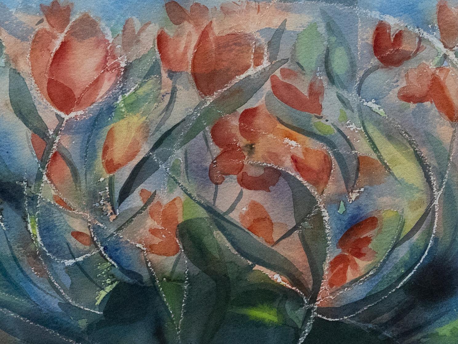 Framed Contemporary Watercolour - Wind Tossed Tulips - Art by Unknown