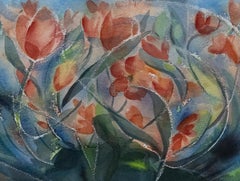Framed Contemporary Watercolour - Wind Tossed Tulips