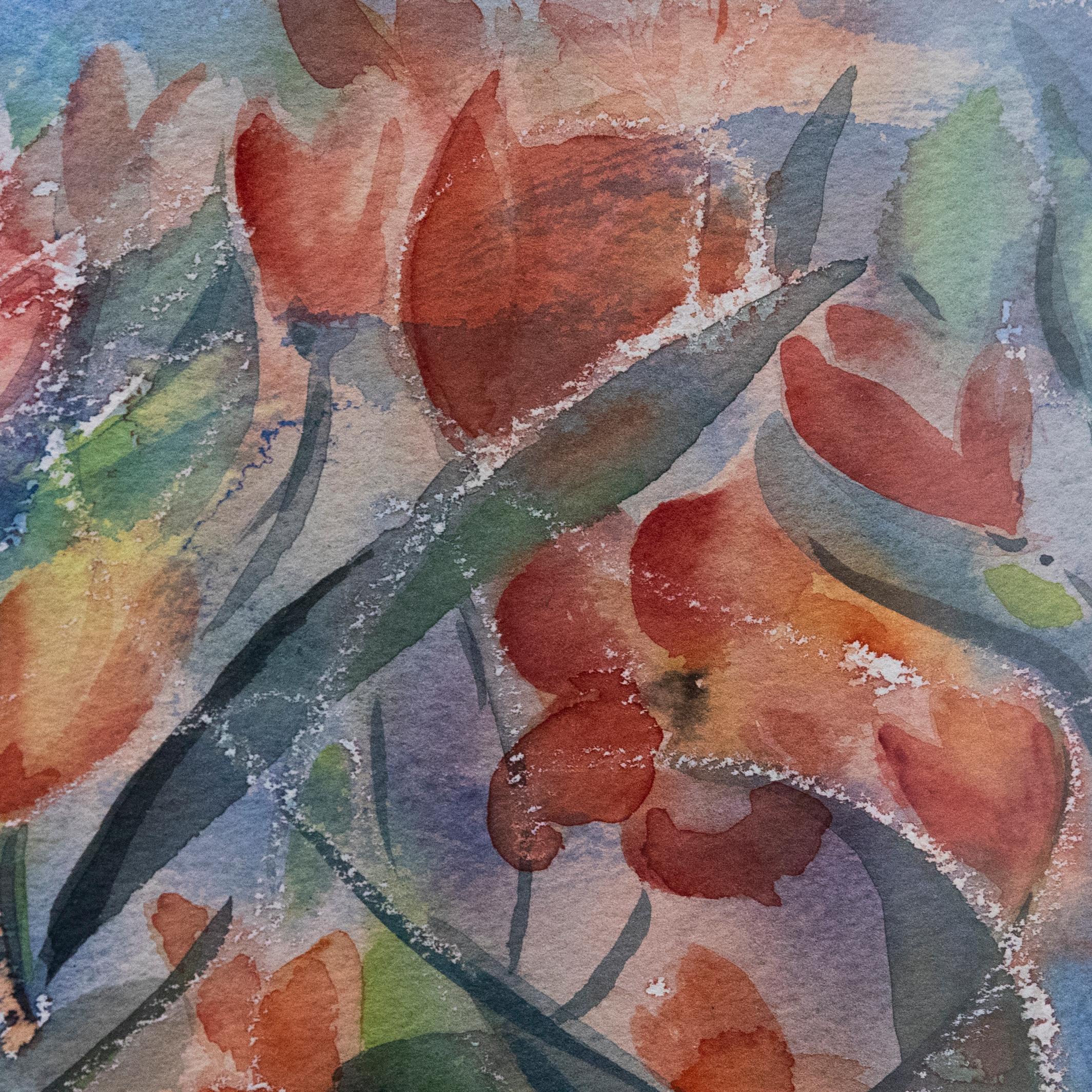 Framed Contemporary Watercolour - Wind Tossed Tulips For Sale 1