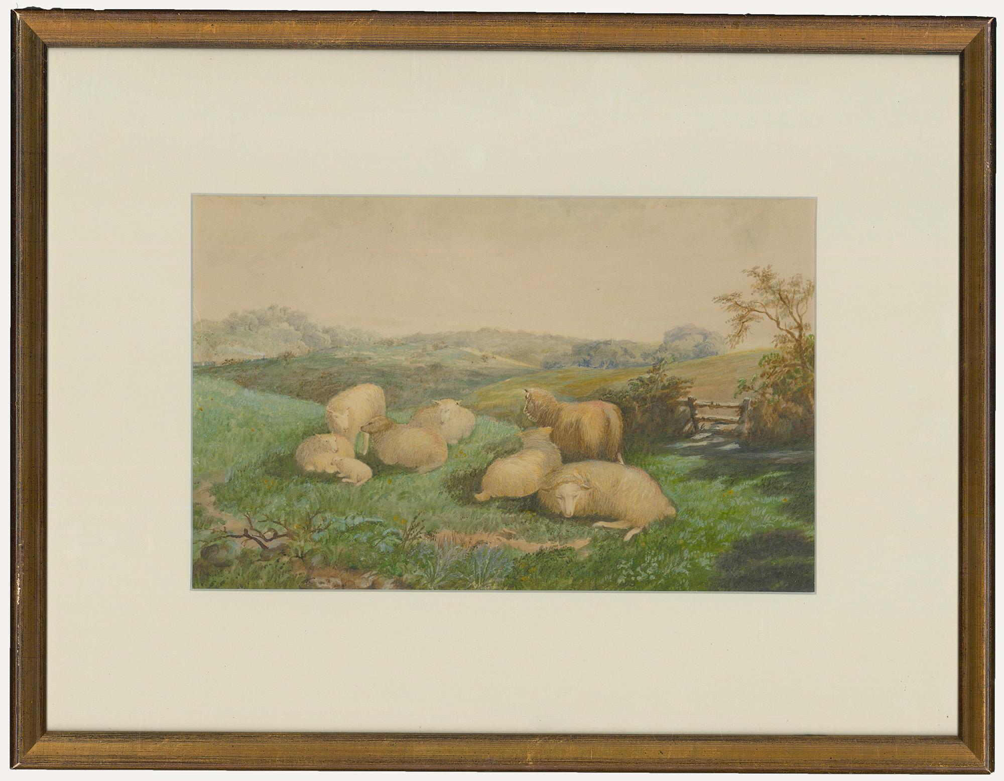 Unknown Landscape Art - Follower of William Sidney Cooper (1854-1927)- Framed Watercolour, Ewes at Rest
