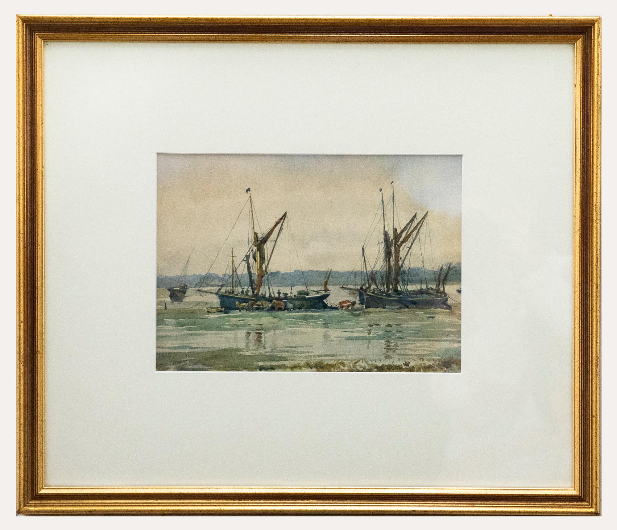 Unknown Landscape Art – Joseph Henry Vignoles Fisher (1862-1945) - Gerahmtes Aquarell, On the Orwell
