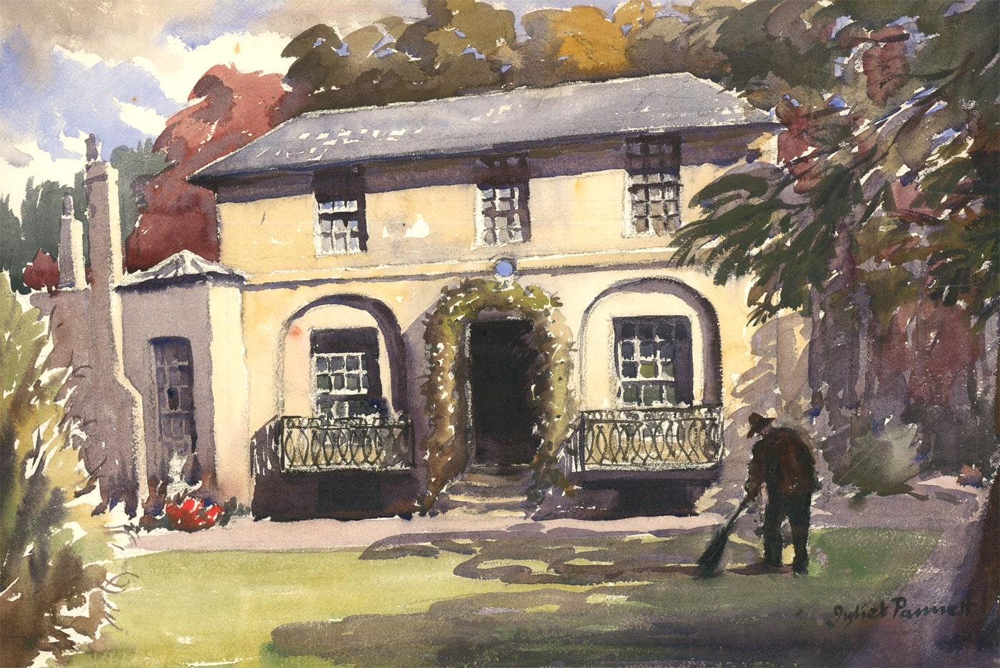 A dynamic watercolour sketch of Keats House in Hampstead, by the well listed British artist Juliet Pannett MBE RSA (1911-2005). Signed to the lower right and inscribed to the reverse. On watercolour paper. 
