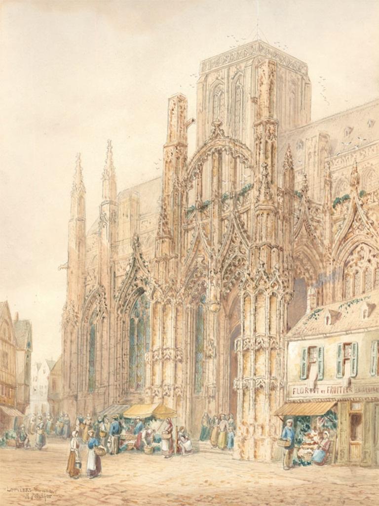 A delightful watercolour study of the Church of Notre-Dame in Louviers, Normandy. Figures sell and buy from market stall on the cobbled street to the foreground in the shadow of the grand gothic church. Signed and titled to the lower right. On