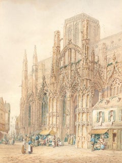 Henry Schafer (1841-1914) - Acuarela, Iglesia de Nuestra Señora de Louviers