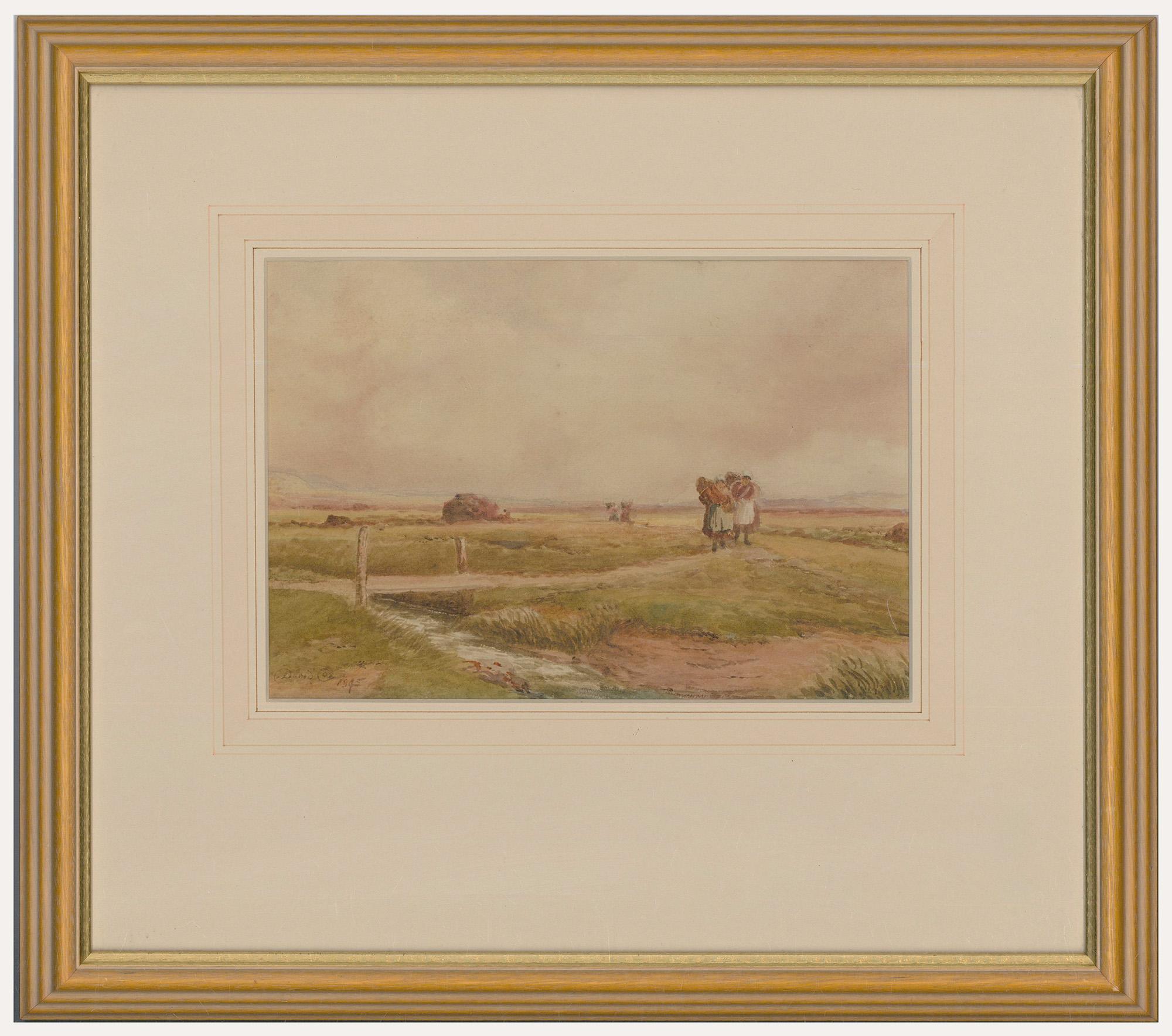 A fine 19th century watercolour by David Cox Snr depicting women returning from harvesting hay. Both carry large bales on their backs as they make their way across a small stream. Well presented in a washline mount and gilt frame. Signed and dated.