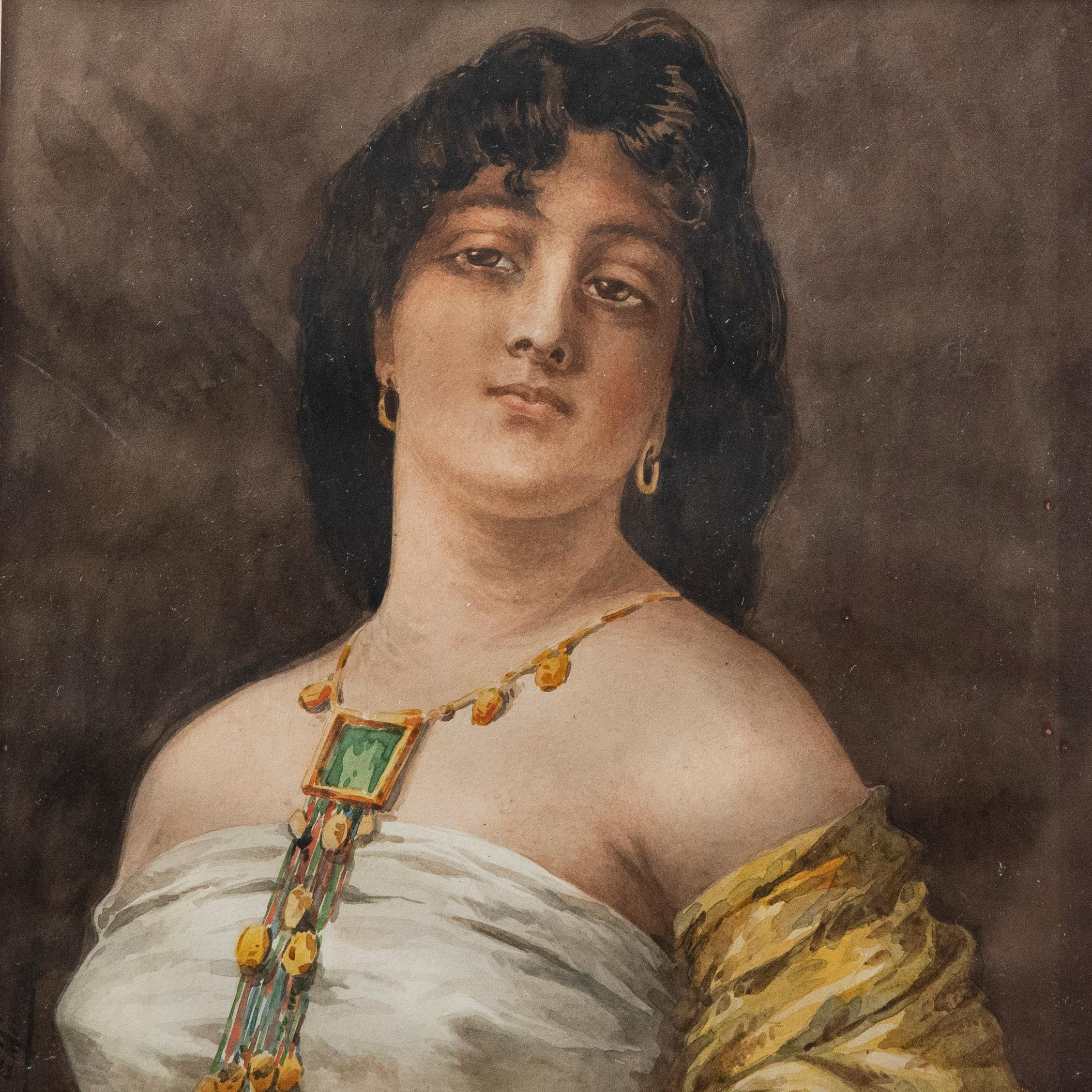 A charming portrait study of a Venetian woman. The composition captures the woman looking down at the viewer, standing in a proud stance. She wears a vibrant necklace that offsets her white dress against a dark background. Signed and dated to the
