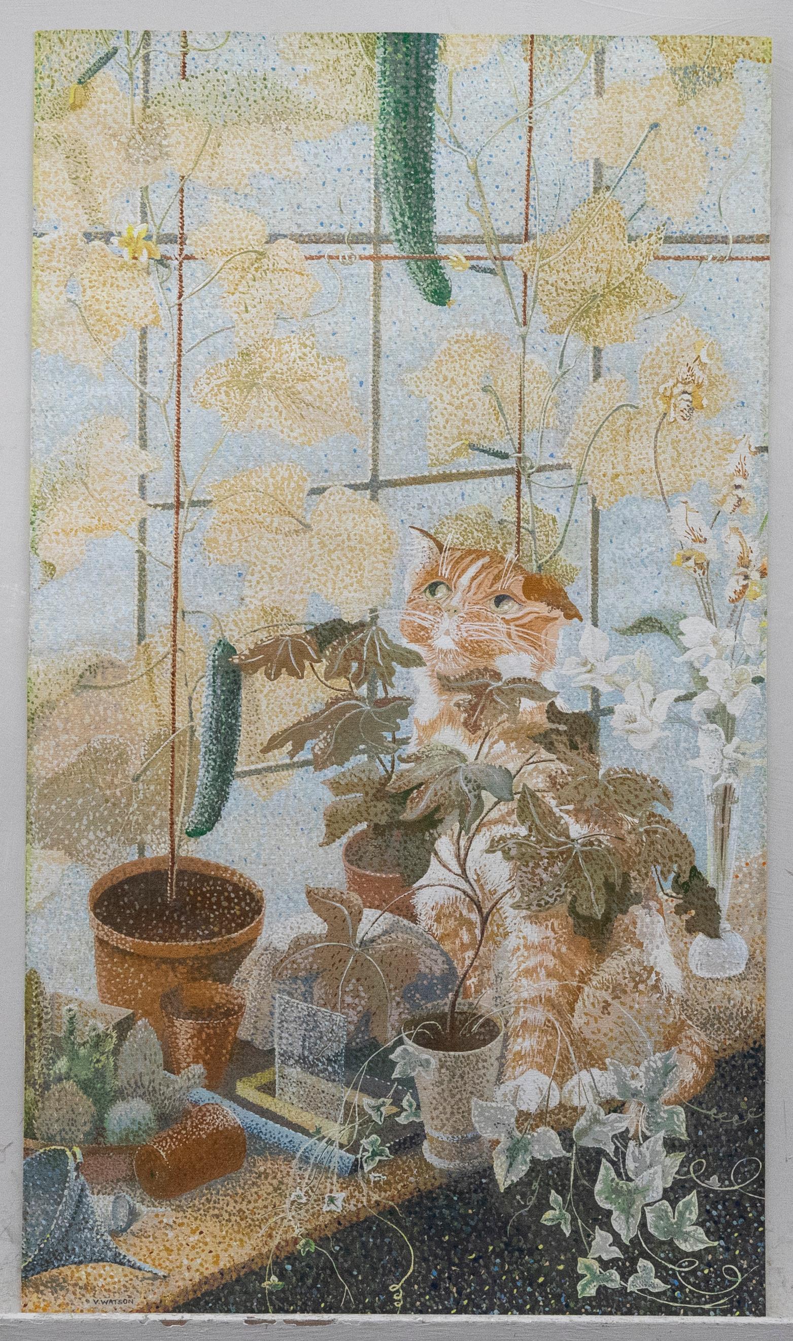 Vera Watson - Zeitgenössische Gouache, The Greenhouse Cat – Art von Unknown