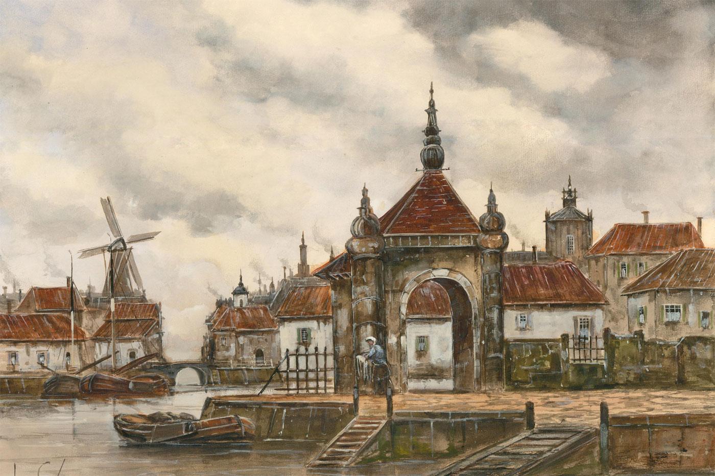 A charming watercolour study depicting moored barges at Rotterdam Old Harbour on a misty morning. The artist captures the classic Dutch architecture lining the water's edge in the foreground with a windmill in the distance. Signed to the lower left.