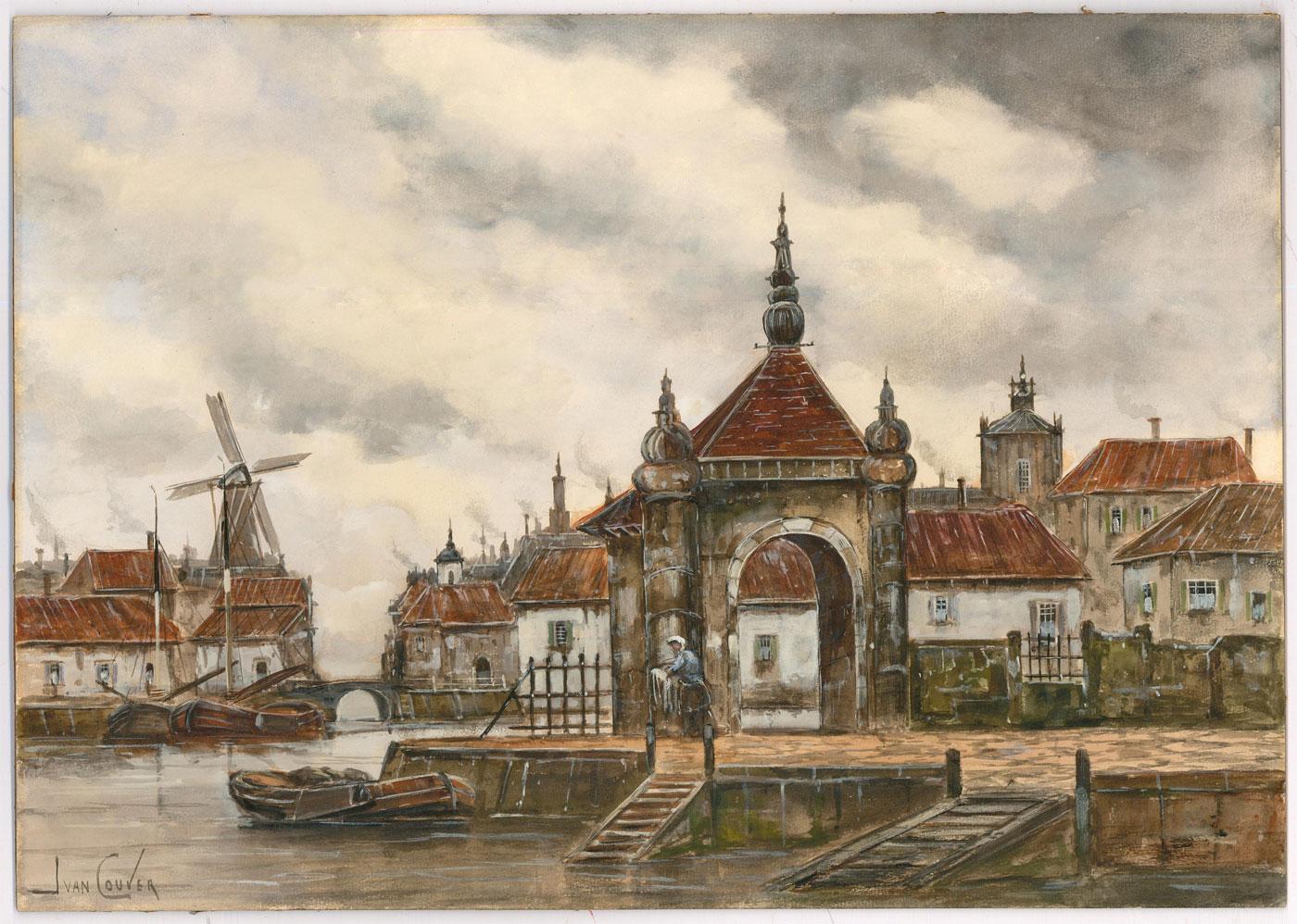 Jan Van Couver (1836-1909) - Watercolour, Rotterdam Old Harbour For Sale 1