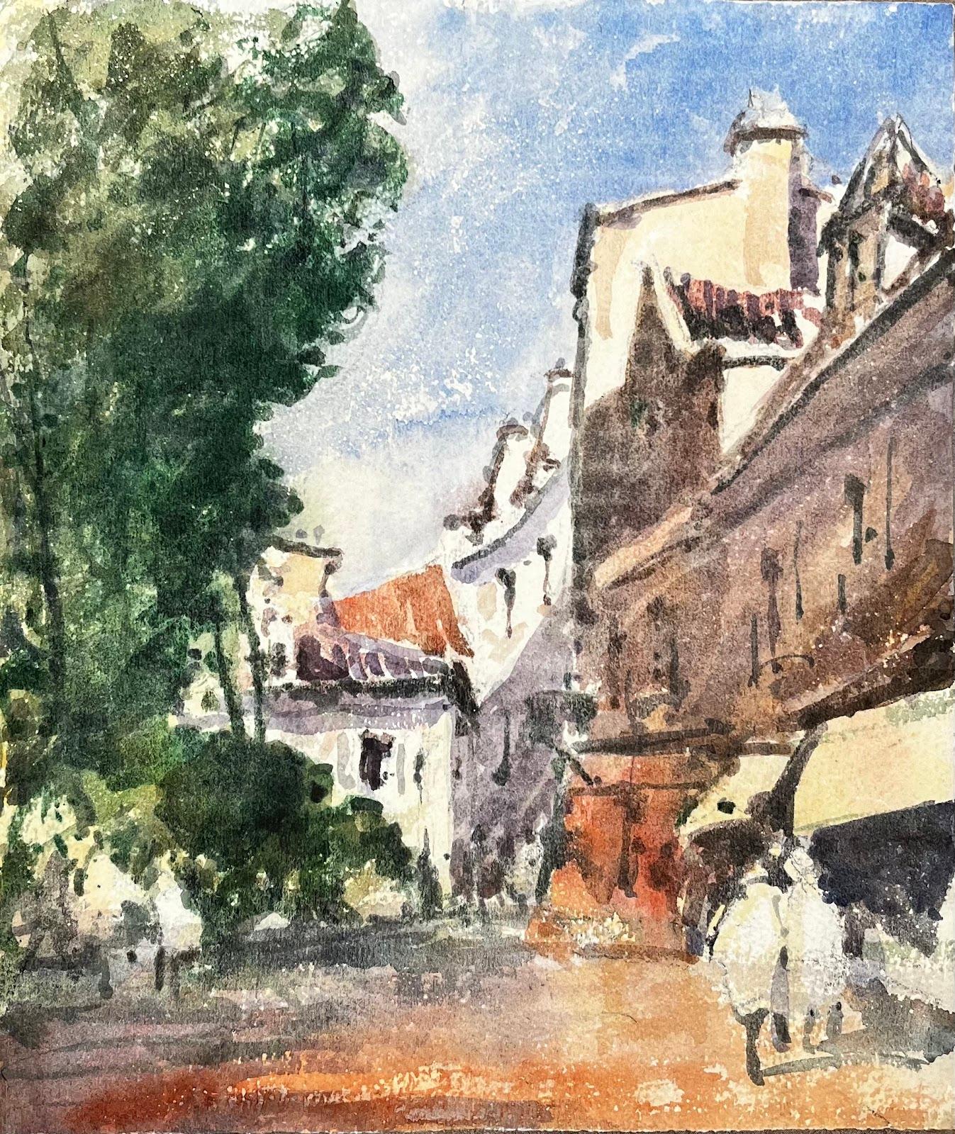 Paysage impressionniste français - Deux couples qui marchent dans Down Village Street - Impressionnisme abstrait Art par Unknown