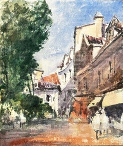 French Impressionist Watercolor Landscape - Couple Wandering Down Village Street