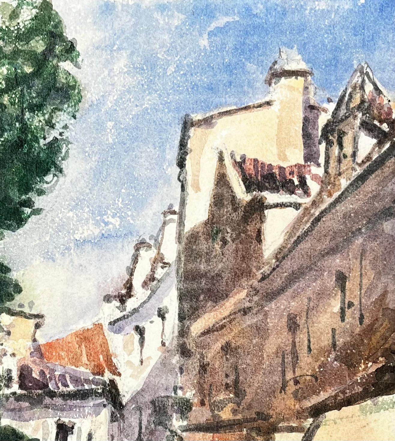 Paysage impressionniste français - Deux couples qui marchent dans Down Village Street en vente 1