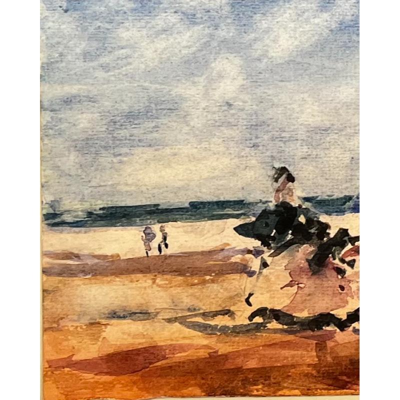 French Impressionist Landscape - Figures w/ Parasols Enjoying a Day at the Beach - Beige Landscape Art by Unknown