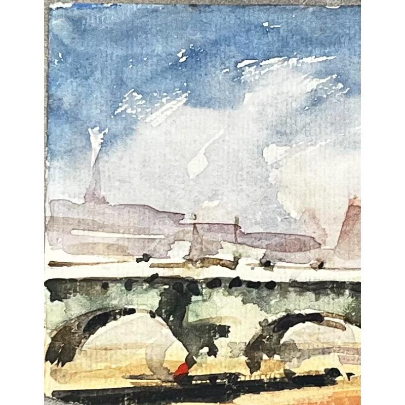 Aquarelle impressionniste française Paysage de Paris, pont de rivière - Impressionnisme abstrait Art par Unknown