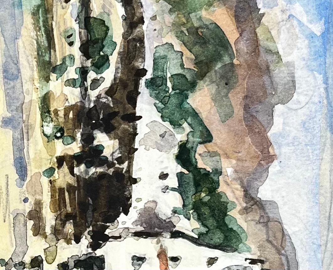 Aquarelle impressionniste française Paysage montagneux avec village et pont - Gris Landscape Art par Unknown