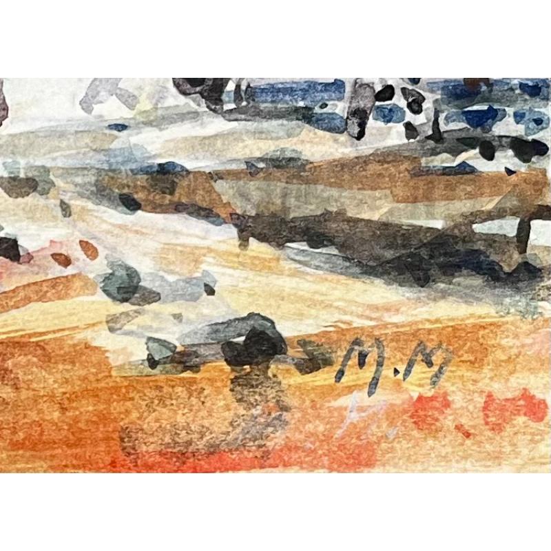 Paesaggio acquerellato impressionista francese Villaggio costiero con barca e figure - Landscape Art Beige di Unknown