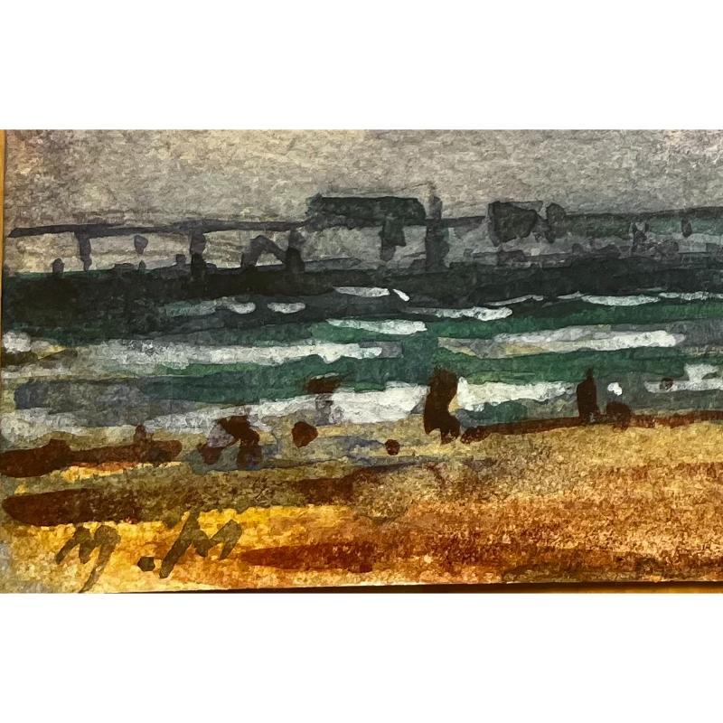 Aquarelle impressionniste française représentant un paysage de bord de mer avec un pilier et des personnages - Gris Landscape Art par Unknown