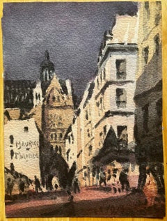 French Impressionist Watercolor Landscape Busy City Street with Figures