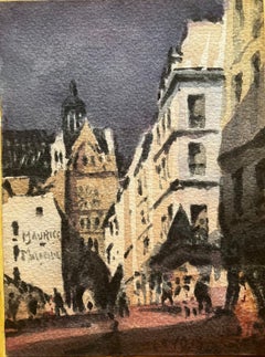 French Impressionist Watercolor Landscape Busy City Street with Figures