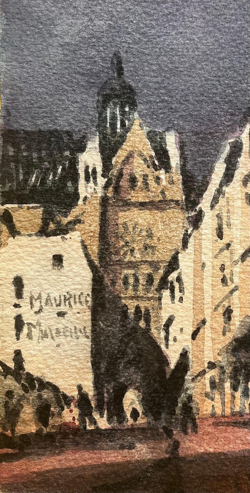 Aquarelle impressionniste française - Paysage urbain animé avec personnages en vente 1