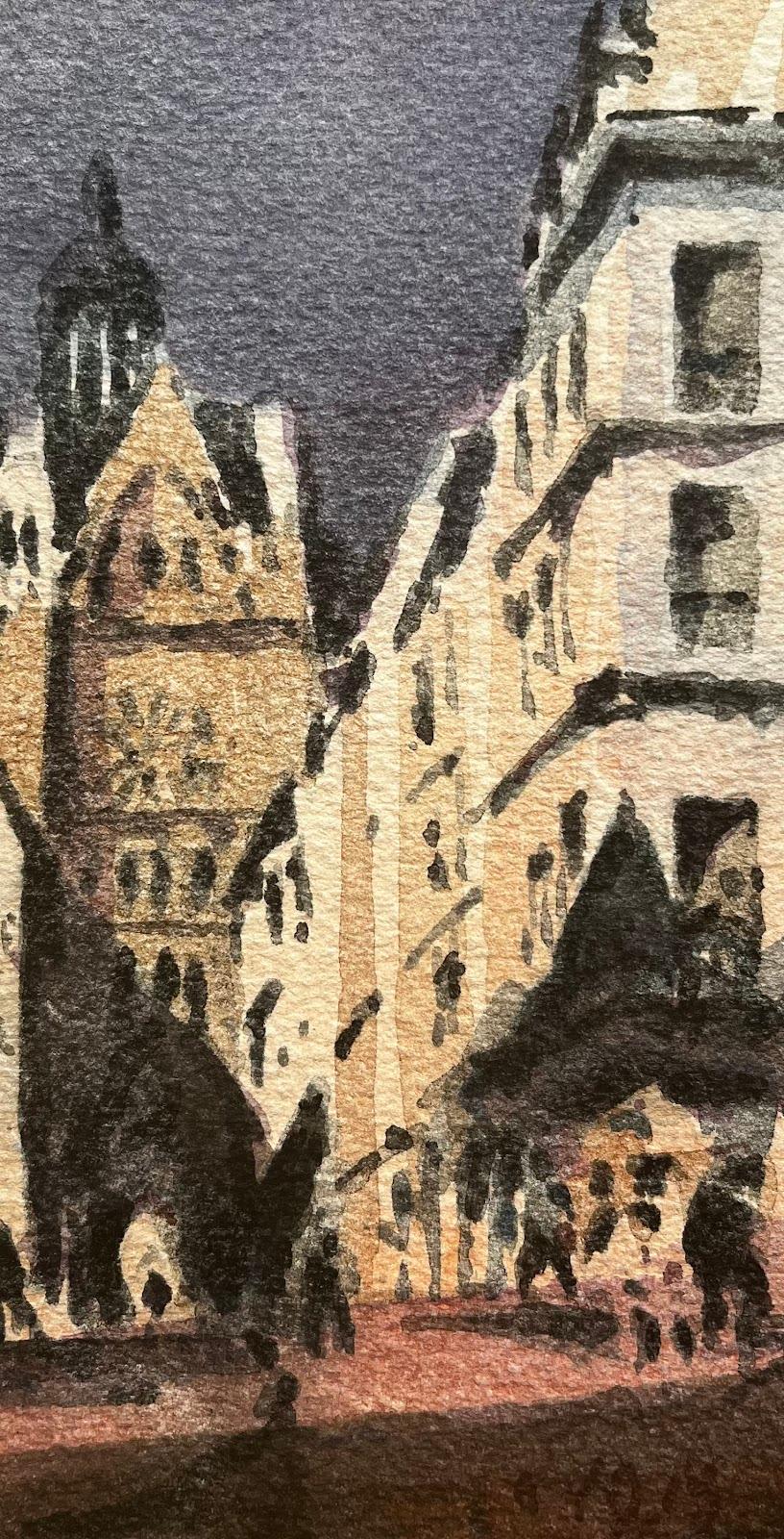 Aquarelle impressionniste française - Paysage urbain animé avec personnages en vente 2