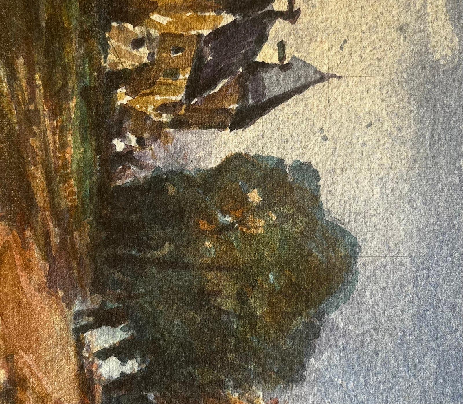 Paesaggio acquerellato francese impressionista Castello con alberi e figure in vendita 1