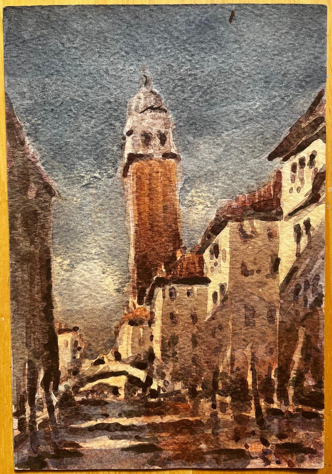 French Impressionist Watercolor Landscape Venice Bell Tower Scene - Art by Unknown
