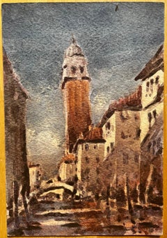 Paisaje Acuarela Impresionista Francesa Escena Campanario Venecia